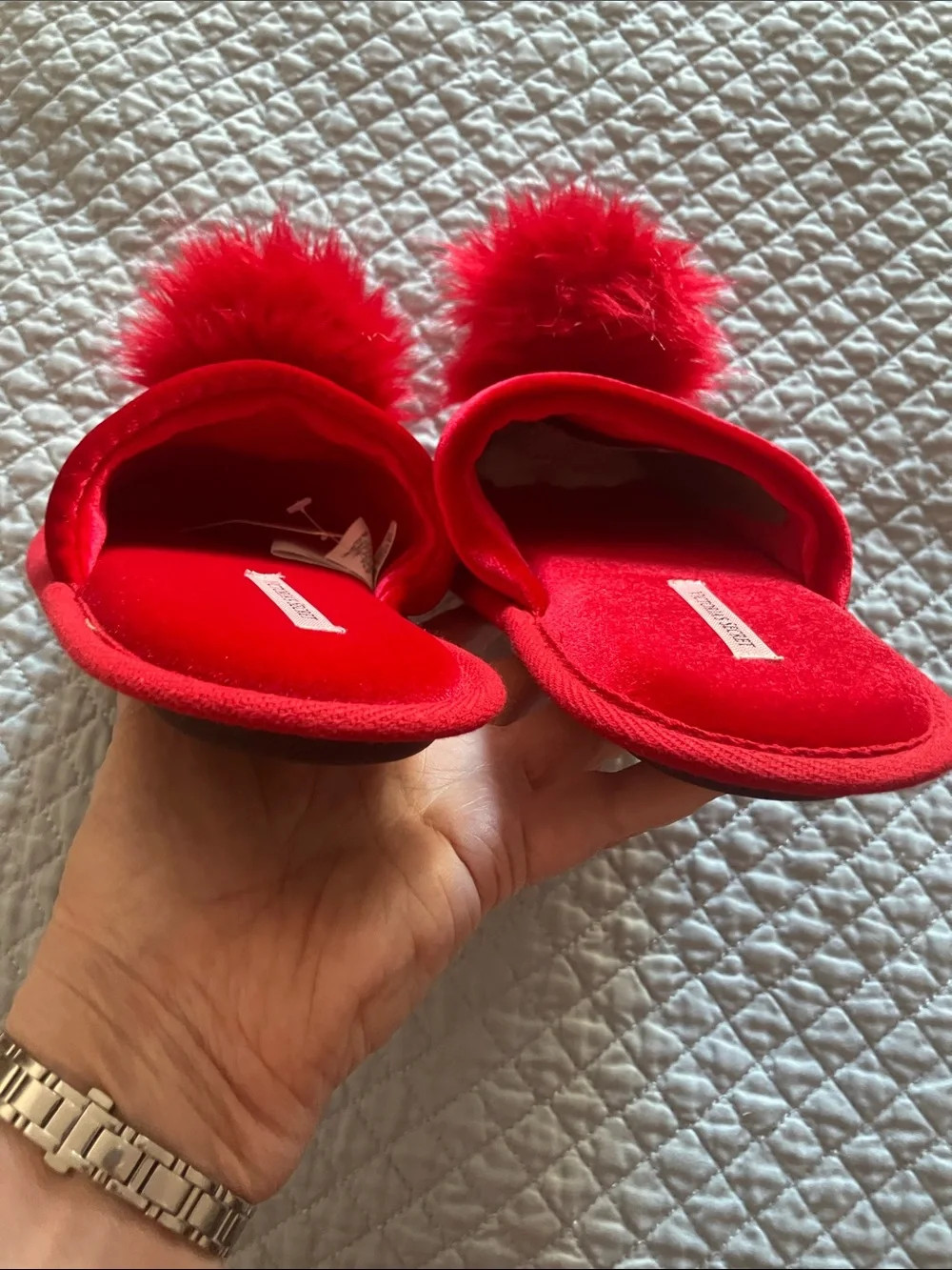 Victoria's Secret Red Kids Pom-Pom Velvet Slip-Ons